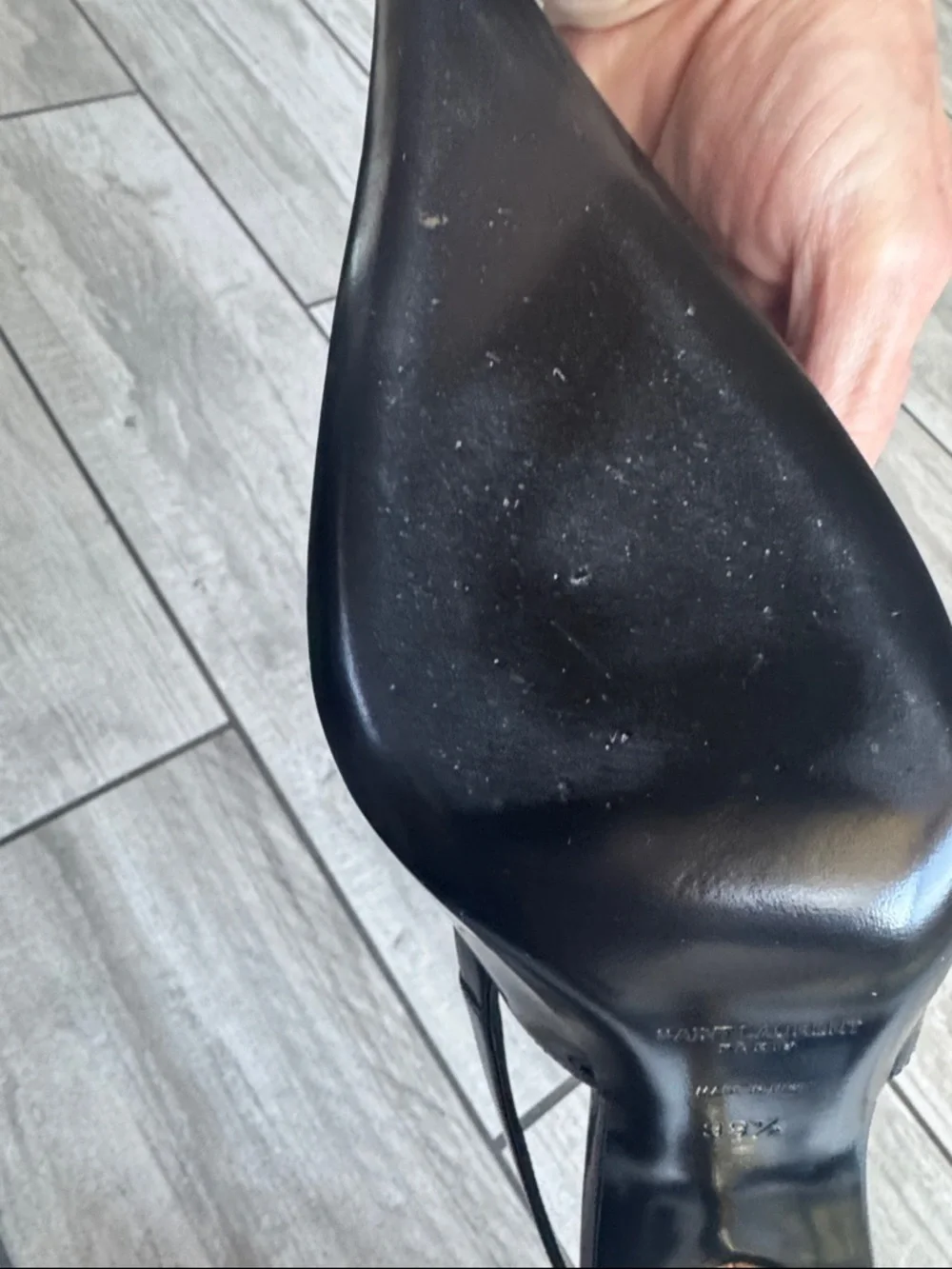 Saint Laurent Lee Black Pointed Slingback Heels with Gold Accent - Picture 4 of 7